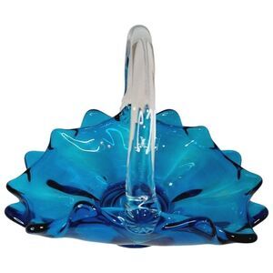 Vtg Viking Art Glass 1960s Blue With Clear Handle Epic Basket Candy Dish #1510
